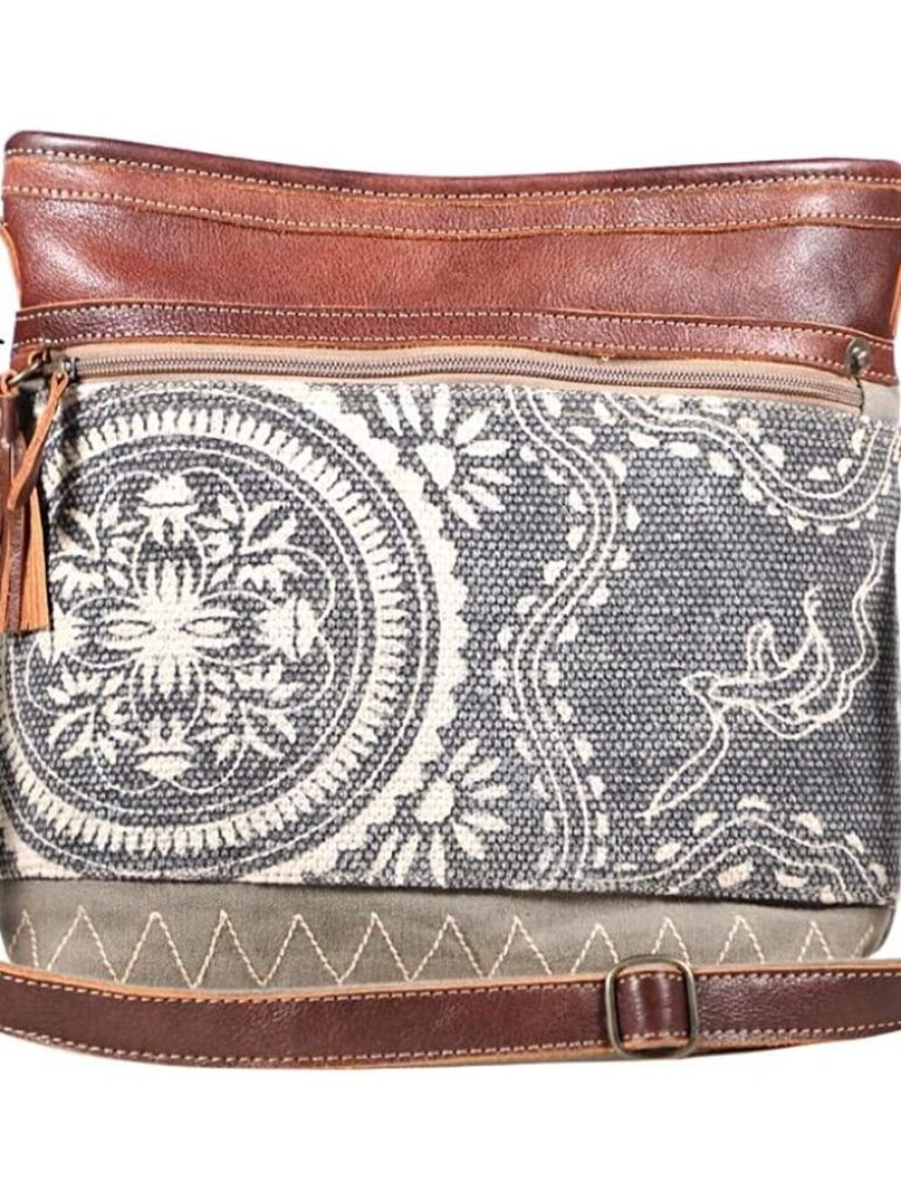 Cloth Purses for Women - Canvas Bag with Real Leather Detailing, Floral Mosaic P